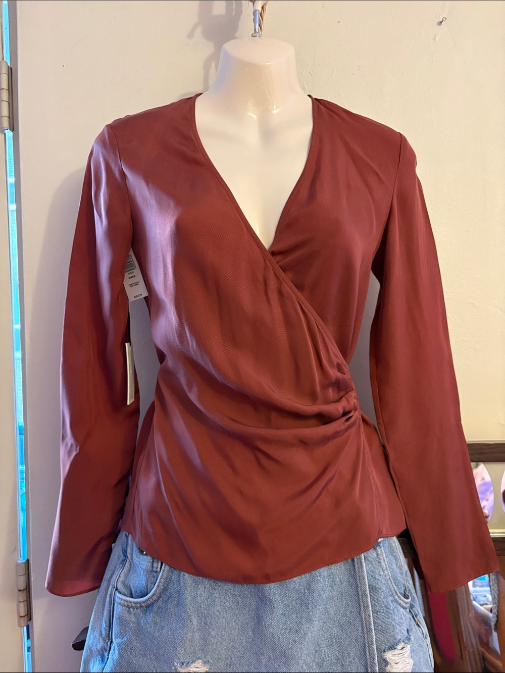Babaton Deep Rust Wrap Blouse. CUPRO
